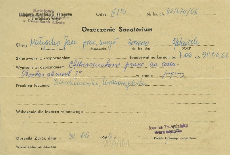 KKE 5470.jpg - Dok. Orzeczenie Sanatoryjne wystawione przez Komisję Zdrowia w Dusznikach Zdroju dla Jana Małyszko, Duszniki Zdrój, 30 VI 1966 r.